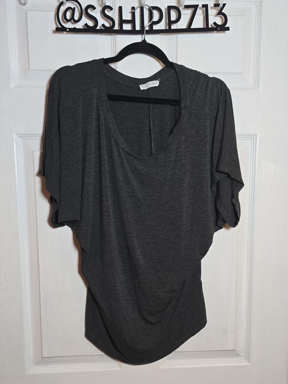 Free To Live XXL Charcoal Gray Draped V-Neck Short-Sleeve Top